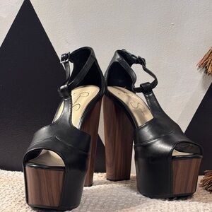 Jessica Simpson Black Platform Heels with Wooden Accents